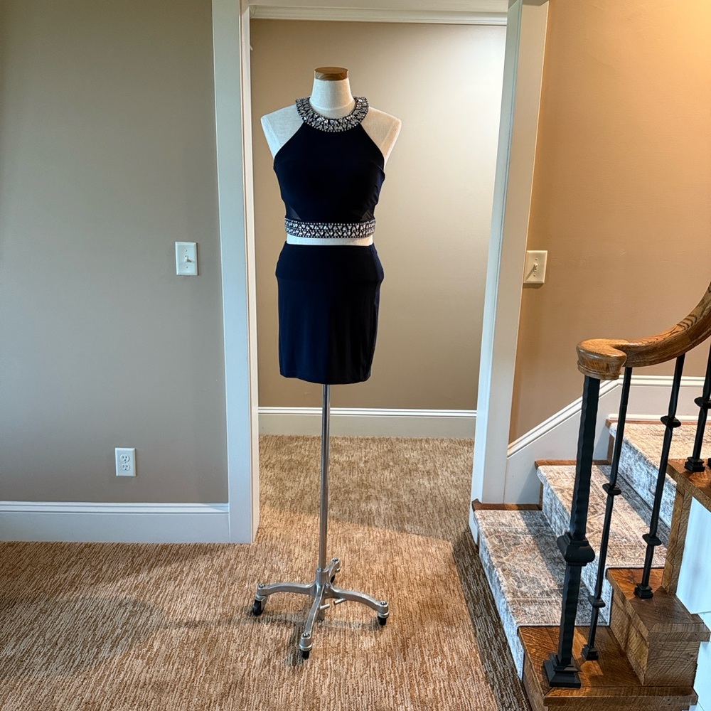 Navy Halter Dress with White Accents